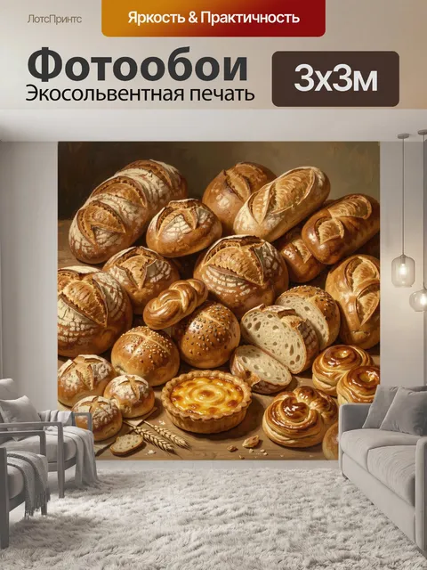 Фотообои Ассорти свежей выпечки на столе
