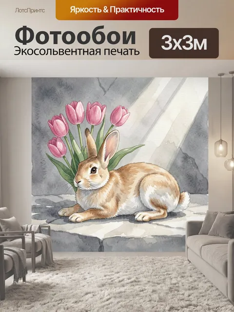 Фотообои Кролик с букетом тюльпанов