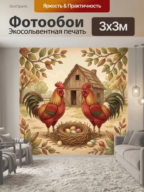 Фотообои Два петуха у гнезда с яйцами