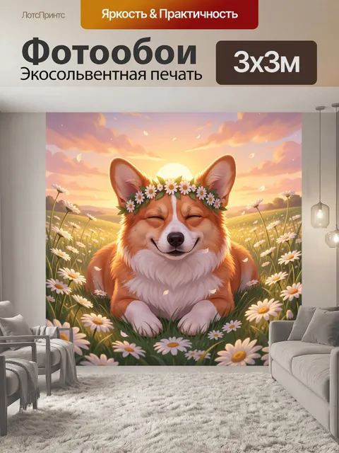 Фотообои Корги с венком из ромашек