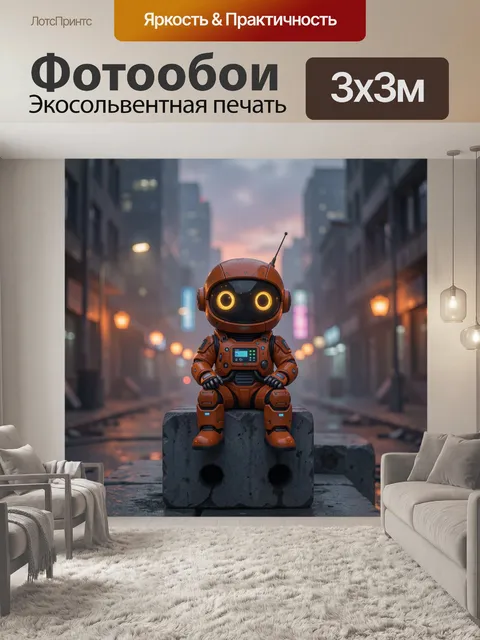 Фотообои Маленький мультяшный робот в оранжевом космическом костюме с большими глазами и антеннкой