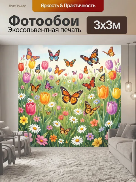 Фотообои Летний луг с яркими бабочками
