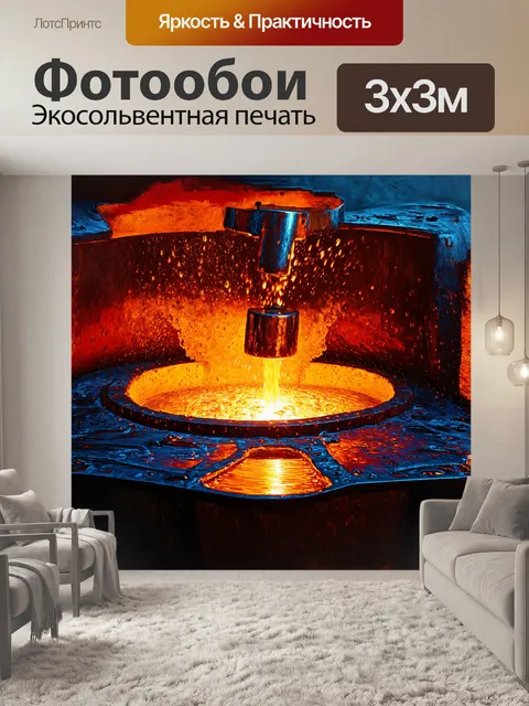 Фотообои вода, бурлящая вокруг тигеля с расплавленным металлом, где огромные стальные детали колес для строительной…