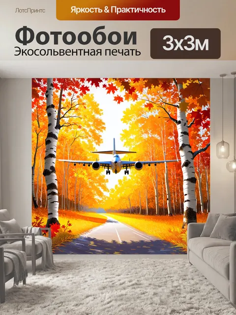 Фотообои самолет на фоне яркого осеннего леса, где листья березы и клена переливаются различными цветами