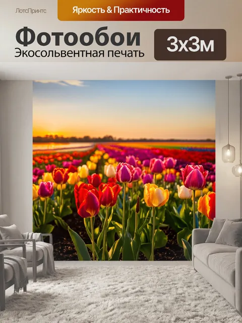 Фотообои яркое поле тюльпанов на закате