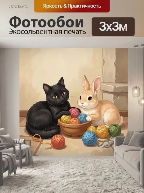 Фотообои Кот и кролик с клубками пряжи