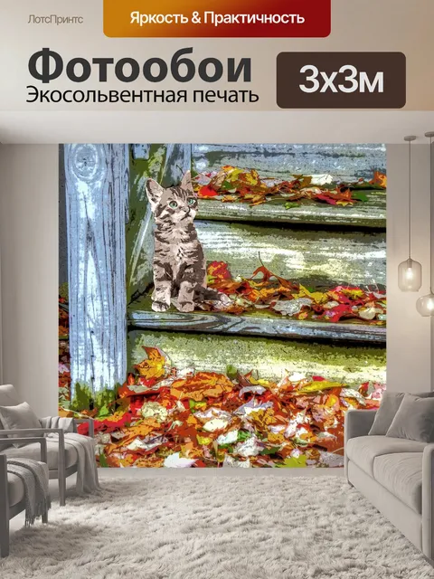 Фотообои Котенок в осенних листьях