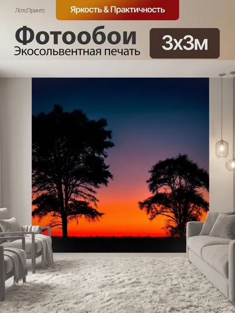 Фотообои использование техники силуэтной фотографии выделяет краски заката и текстуры деревьев таким образом