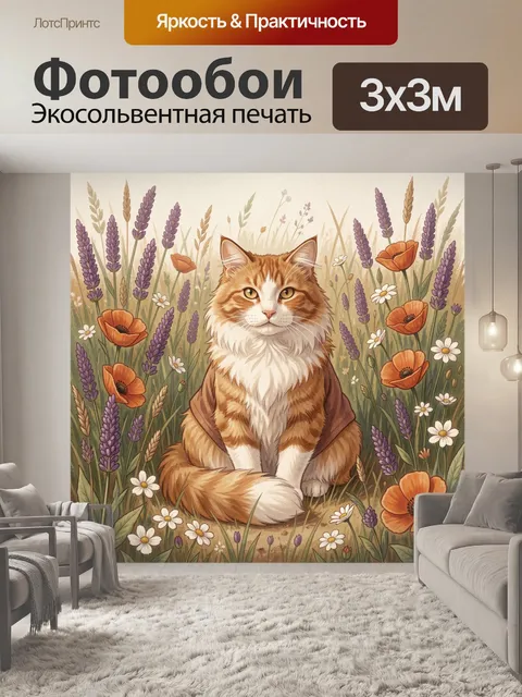 Фотообои Рыжий кот среди полевых цветов
