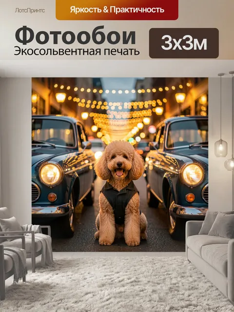 Фотообои Пудель среди ретро-машин