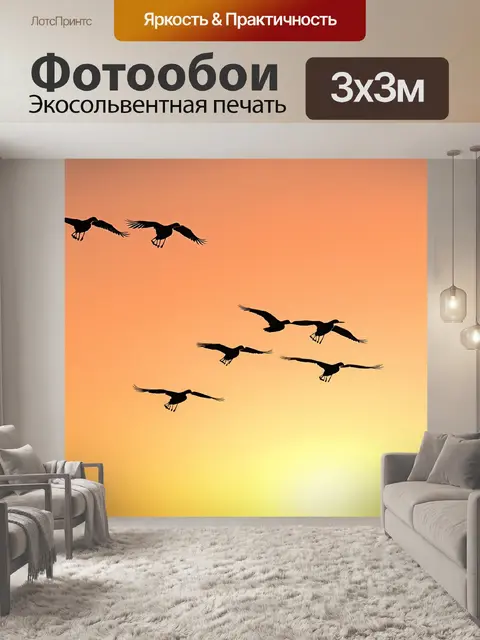 Фотообои полет стай журавлей на закате, их силуэты вырисовываются на фоне оранжевого неба