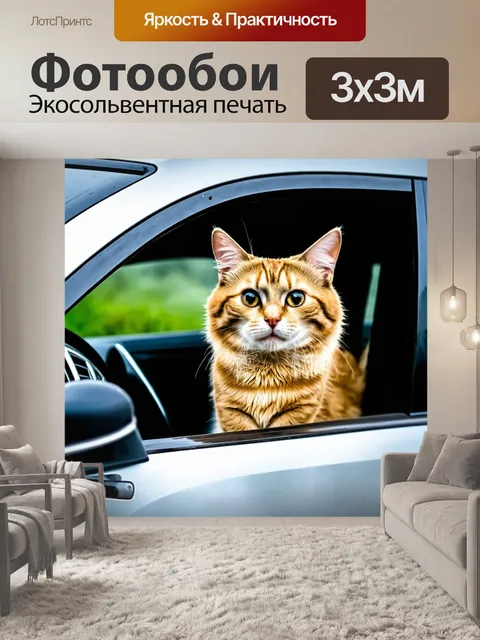 Фотообои кошка, едущая в автомобиле с открытым окном