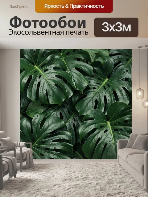 Фотообои Тропические листья монстеры с каплями