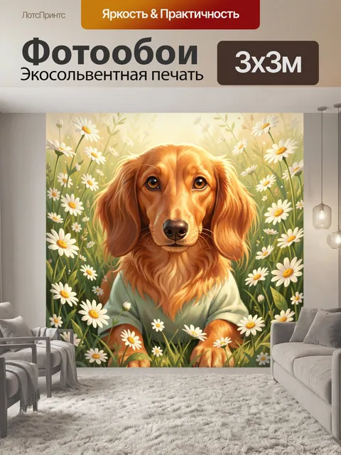 Фотообои Золотистая собака среди ромашек