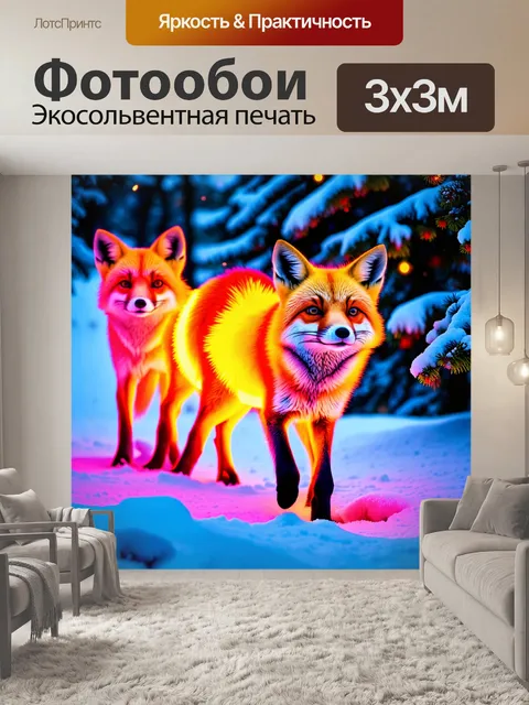 Фотообои животные в стиле неоновый, волшебные лисы, гуляющие по светящимся снегу