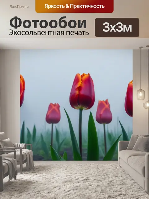 Фотообои тюльпаны на фоне тумана, создающие атмосферу мистики