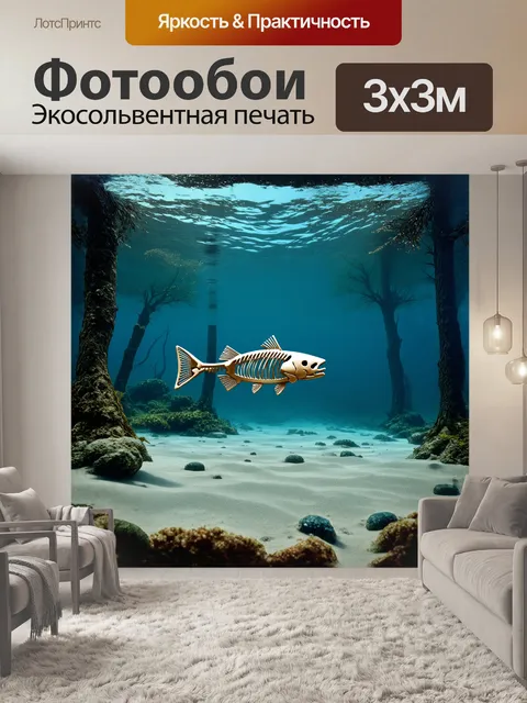 Фотообои скелет кеты, расположенный на пейзаже затопленного леса, где деревья под водой образуют невероятные…