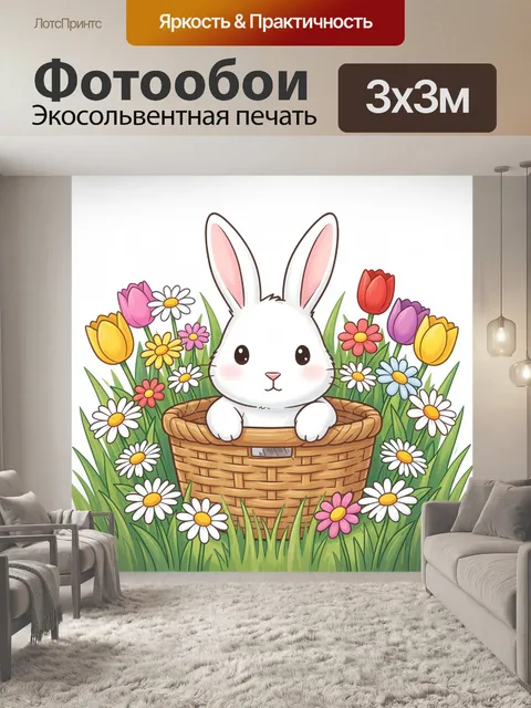 Фотообои Зайчик в корзинке с цветами