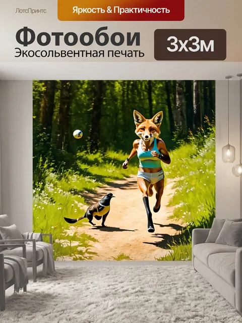 Фотообои лисица в спортивной майке и шортах бегает по травяной дорожке в лесу