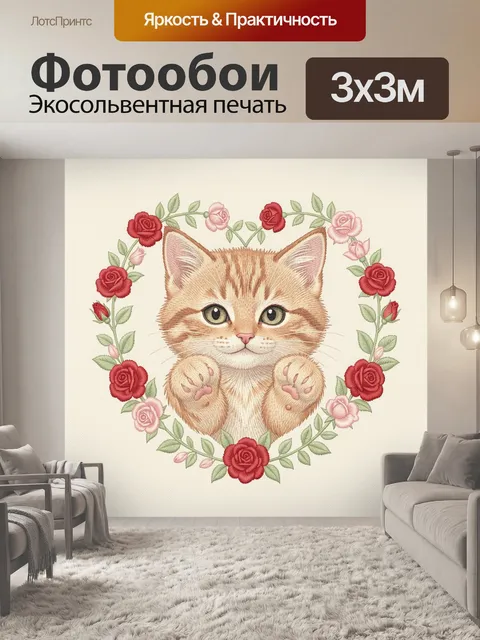 Фотообои Котик в венке из роз