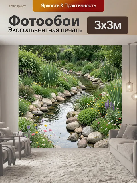 Фотообои Садовая тропинка у ручья в зелени