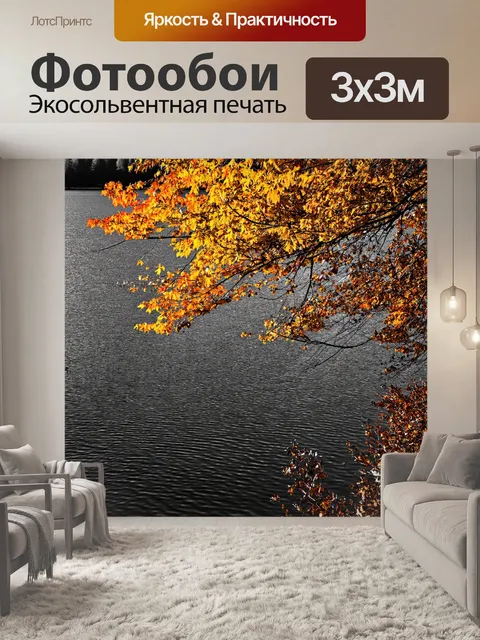 Фотообои озеро в черно-белом стиле, очарование осени с желтыми и коричневыми листьями