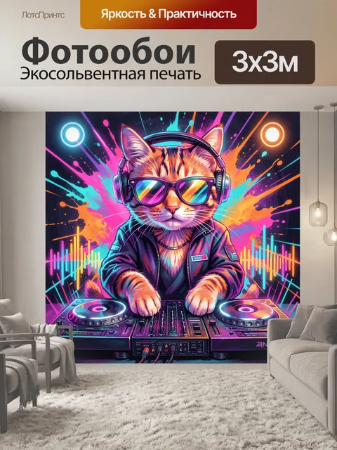 Фотообои Кот-диджей в неоновых очках
