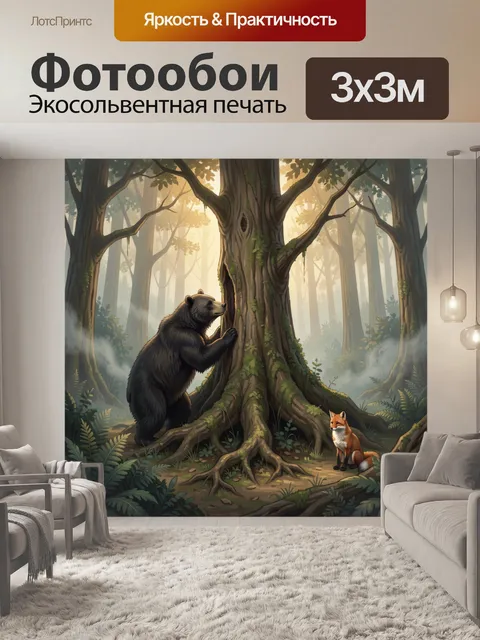 Фотообои Медведь и лиса в лесу