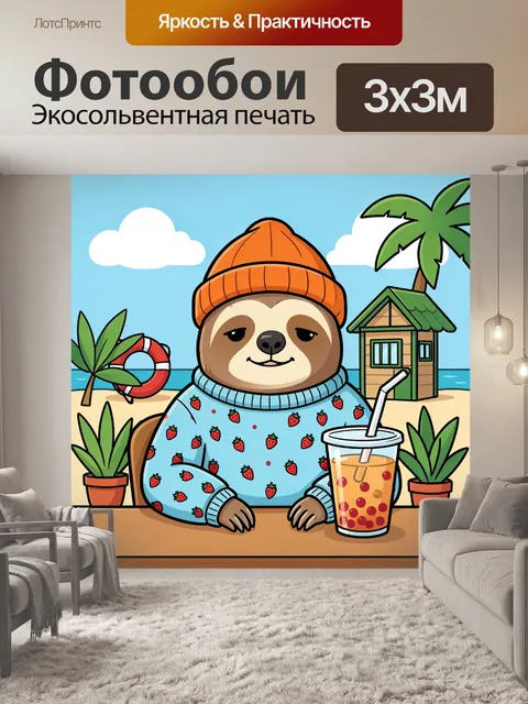 Фотообои Ленивец на пляже с напитком