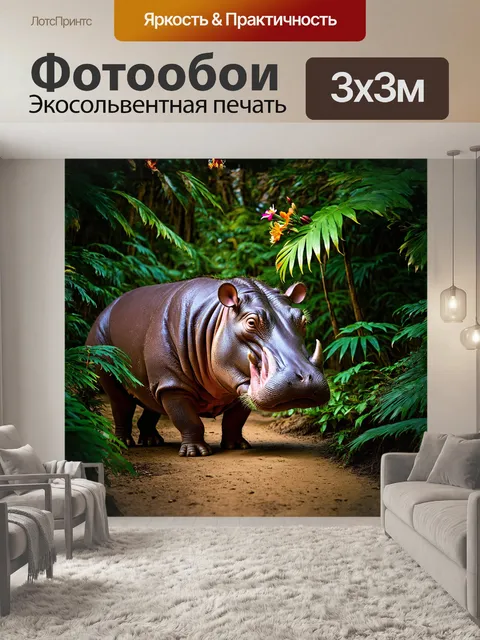 Фотообои бегемот, масштабно изображенный в густых джунглях, где яркие листья и экзотические цветы обвивают его тело…