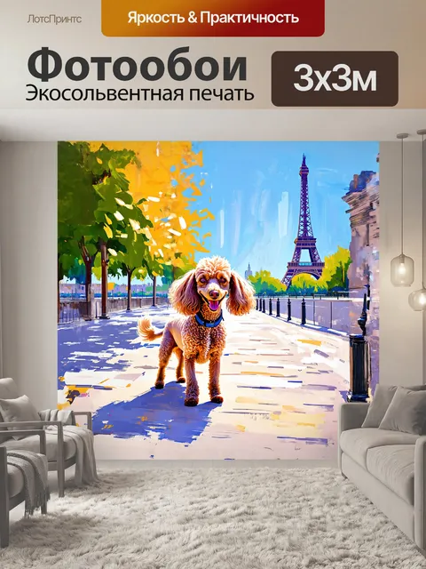 Фотообои романтичная сцена, в которой пудель с летящими ушами весело играет на освещенной уличной площади парижа, а…