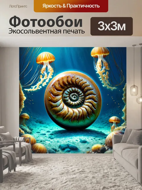 Фотообои аммонит из мрамора, лежащий на дне океана, окружённый золотыми искрами и светящимися медузами
