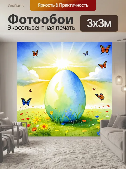 Фотообои мистическая сцена с огромным яйцом, лежащим на мягком зеленом лугу под лучами заходящего солнца