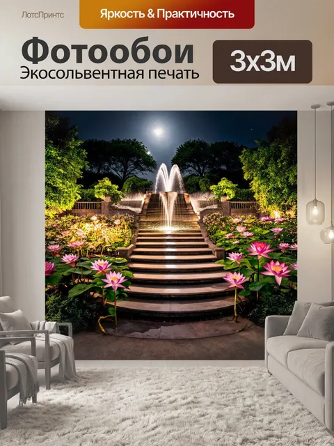 Фотообои с лестницей, сверкающей в свете луны, обвивающейся вокруг волшебного фонтана с розовыми лотосами, в окружении