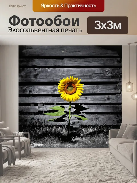 Фотообои одинокий подсолнух стоит на фоне древнего заброшенного деревянного забора