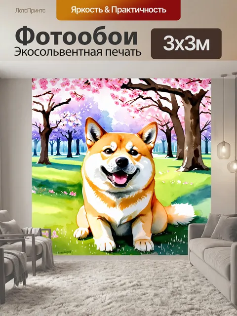 Фотообои уютная сцена в японском парке, где сиба ину радостно улыбается на фоне цветущей сакуры