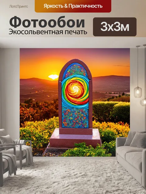 Фотообои стела с яркими витковыми узорами на фоне заката в степанакерте