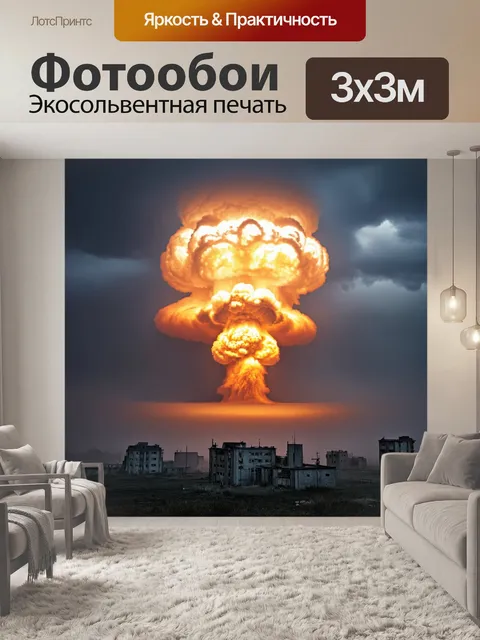 Фотообои заброшенный город, окутанный густым туманом, в центре — гриб ядерного взрыва, сверкающий в темном небе