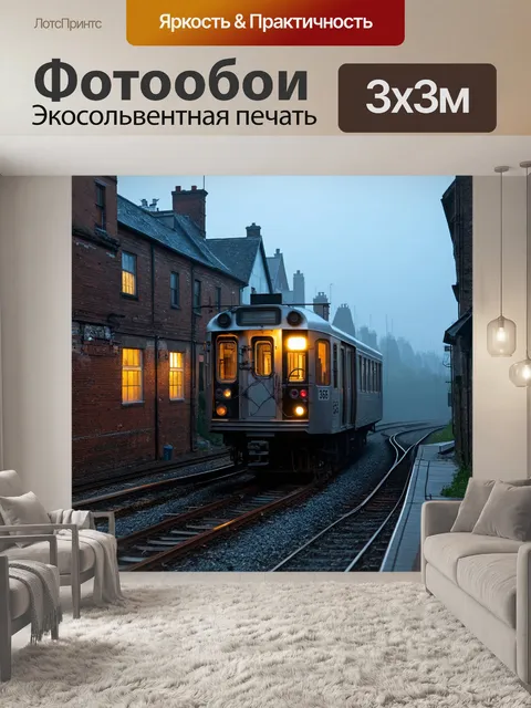 Фотообои поезд, проезжающий через старинное городское поселение в тумане, кирпичное здание с меньшими деталями на…