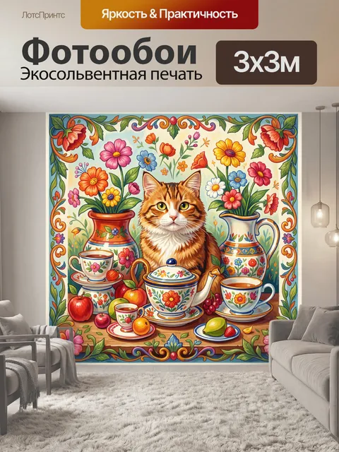 Фотообои Рыжий кот на чайном столе