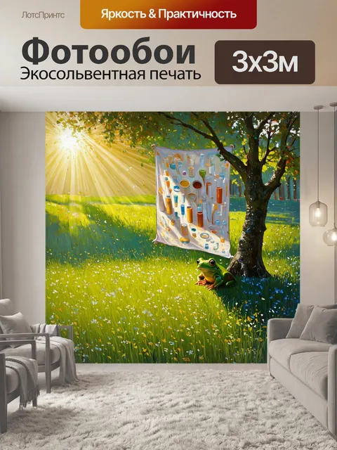 Фотообои на зеленом лугу, укрытом цветущей травой, сидит лягушка, окруженная вязь из трубочек, создающих причудливые…
