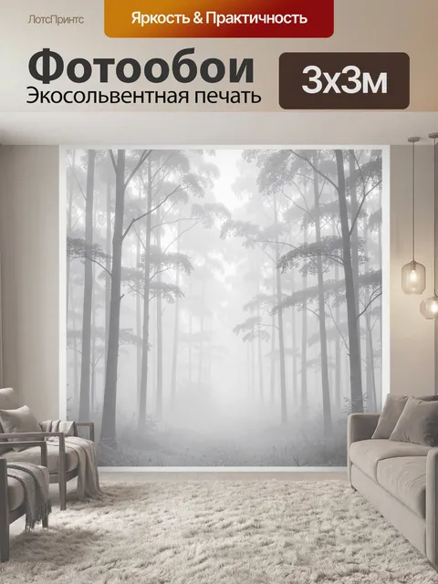 Фотообои Туманный лес с высокими деревьями