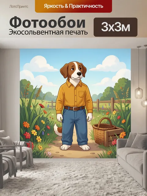 Фотообои Пёс в саду с корзиной