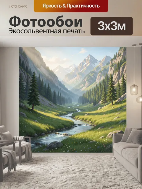 Фотообои Горная долина с рекой и елями