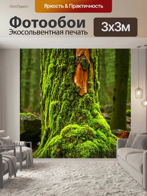 Фотообои зеленые в стиле импрессионизм, акцентируя внимание на текстурах коры деревьев и мшистых камнях