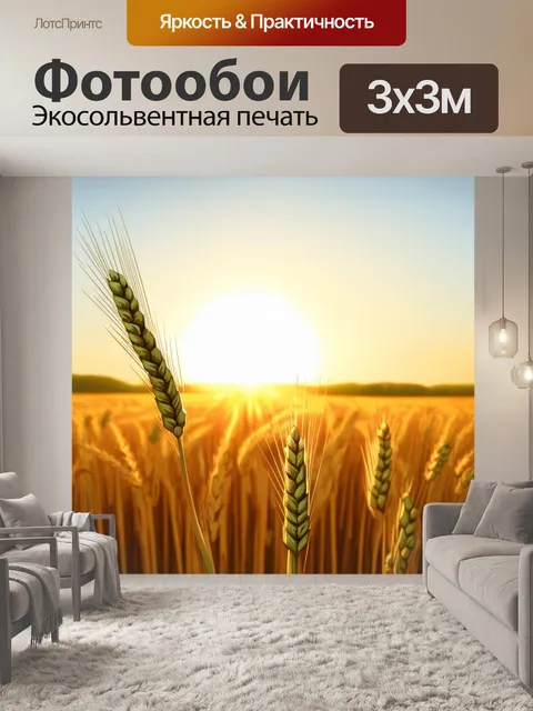 Фотообои закат над полем пшеницы с волнующими движениями стеблей при легком ветре в акварельном исполнении