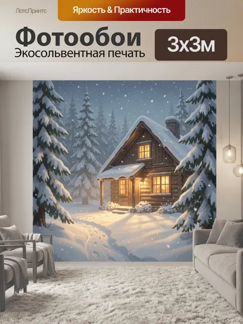 Фотообои Зимний домик в снежном лесу