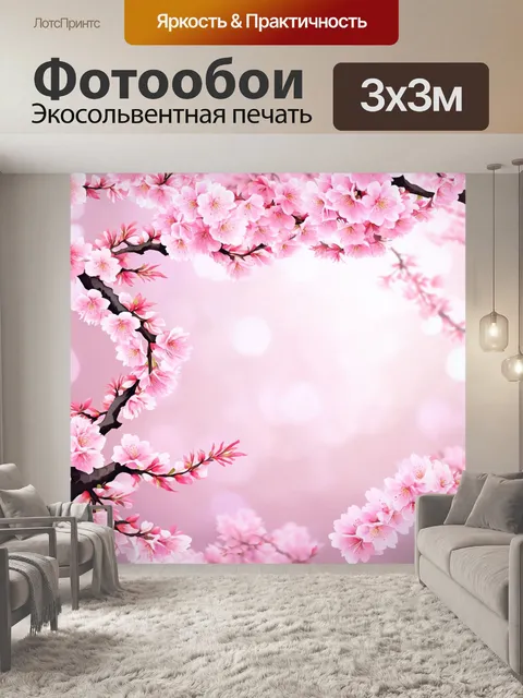 Фотообои паттерн с цветами сакуры, плавно переходящими от ярко-розового к бледно-розовому, на нечетком светлом фоне