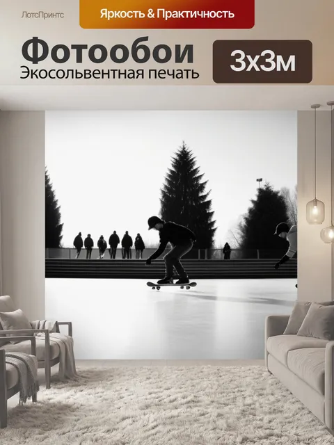 Фотообои пейзаж с конькобежцами чернобелый