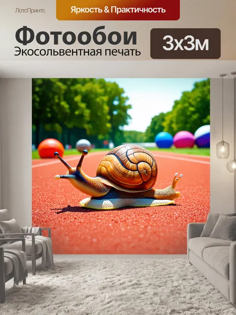 Фотообои спортивная улитка, медленно ползущая по гладкому беговому треку, с маленькими кроссовками на "ногах"